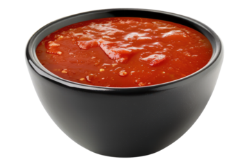 Black bowl of tomato sauce isolated on transparent background