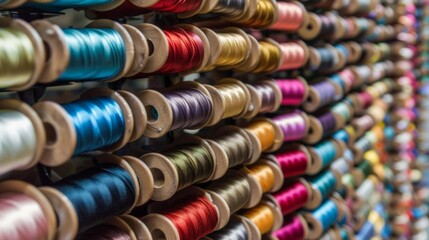 Thread spools background. Various colors sewing kit. Collection of threads. Vibrant vivid colors. Sew threads. Colorful hobby background. Tailor shop texture