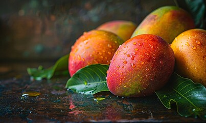 Close-Up of Freshly Harvested Mangoes Laid Out on Leaves