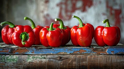 Close-Up of Freshly Harvested Red Peppers on Rustic Surface