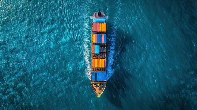 An aerial view of a cargo ship sailing through the blue ocean.