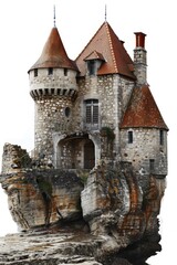 Fototapeta premium A medieval-style castle perched on the edge of a rugged cliff, with a serene landscape below