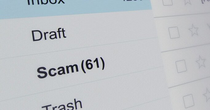 Incoming Scam emails counter, Scam folder with increasing number of emails, close-up view interface of mail folders, footage