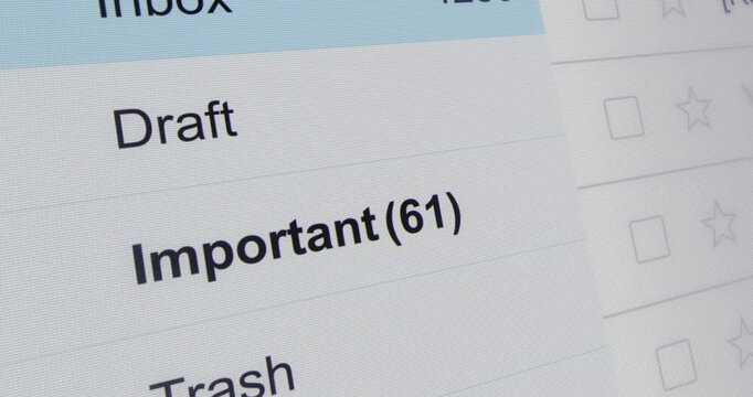 Incoming Important emails counter, folder with significant mail, increasing number of emails, workload, close-up interface of mail account, footage