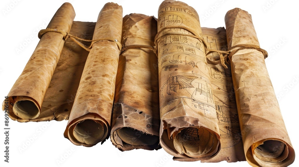 Poster Rolled documents stacked vertically, possibly stored or awaiting organization