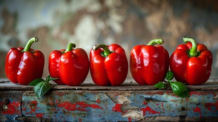 Detailed Image of Red Peppers Arranged on Rustic Surface