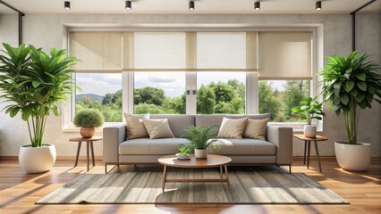 Modern living room interior features white roller blinds on windows, a lush green houseplant, and a comfortable sofa in neutral tones.