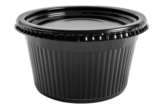 Black plastic food container isolated on transparent background