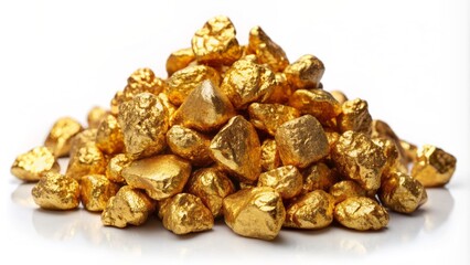Obraz premium A glittering heap of precious gold nuggets against a pristine white backdrop, exuding opulence and extravagance in a luxurious still life composition.