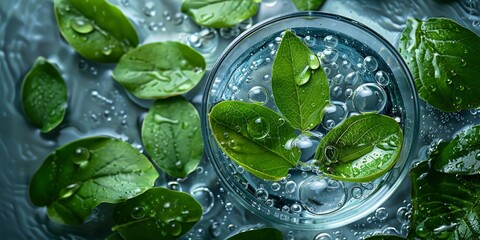 Refreshing Green Leaves in Water - Nature's Serenity in High-Definition Close-Up