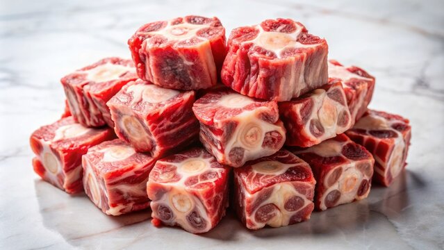 Freshly cut raw oxtail sections stacked on a white surface, showcasing marbled meat with rich red color and fatty layers.
