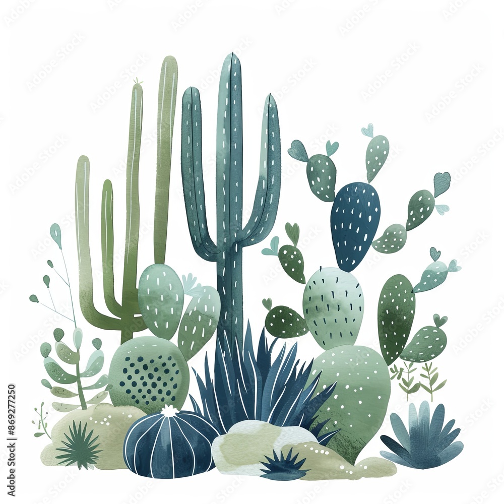 Sticker Cacti and desert plants in sage green, navy blue, cream color palette