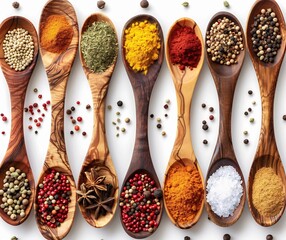 Wooden Spoons Filled with Spices and Seasonings, Including Salt, Peppercorns, and Pink Peppercorns