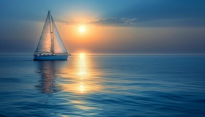 A sailboat sails smoothly across a tranquil sea as the sun rises, bathing the scene in a warm, ethereal glow and creating a peaceful and mesmerizing atmosphere.