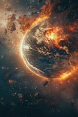 Obraz premium A massive planet explodes in space, surrounded by stars and celestial debris