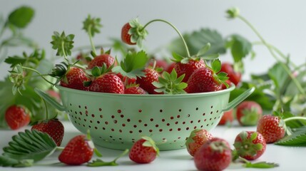 A bright green colander overflowing with fresh strawberries, perfect for snacking or adding to recipes