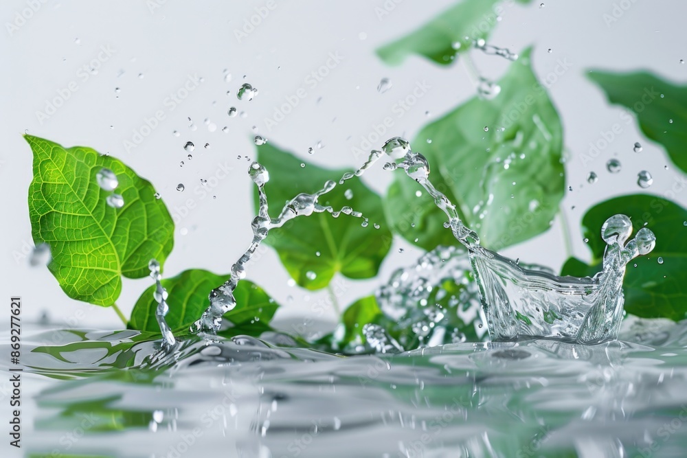 Poster a single drop of water sits on the surface of a green leaf, with sunlight casting a subtle glow