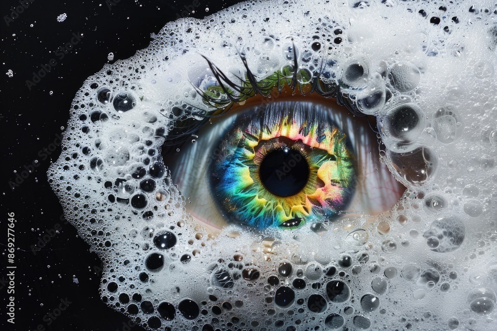 Poster A close-up view of a person's eye with soap bubbles floating on the surface, great for illustration purposes