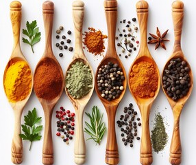 Wooden Spoons with Spices and Herbs on White Background