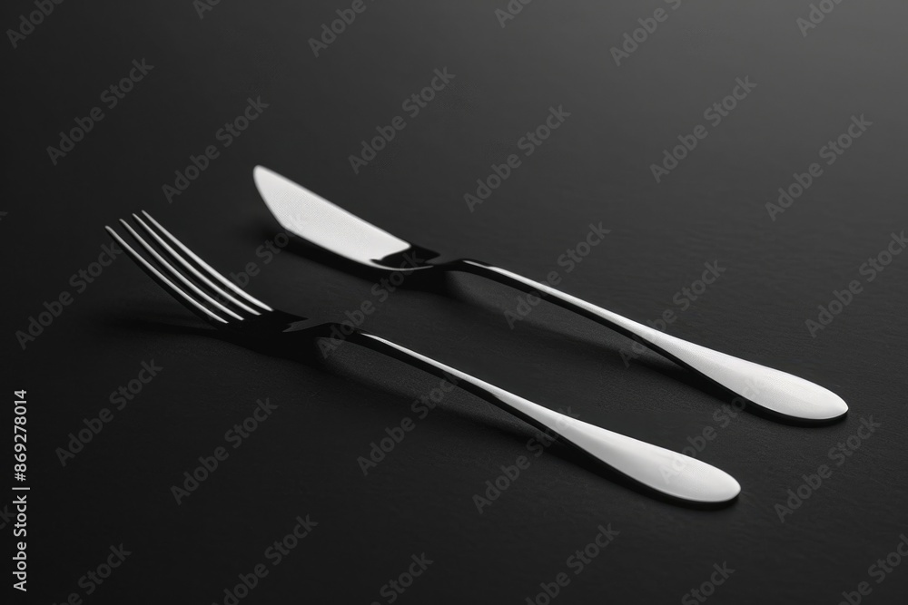 Poster a close-up shot of two forks and one knife lying on a table, ideal for use in food photography or as