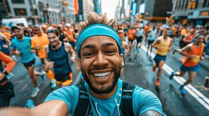  A joyful marathon runner takes a selfie during a vibrant city marathon. with city backdrop