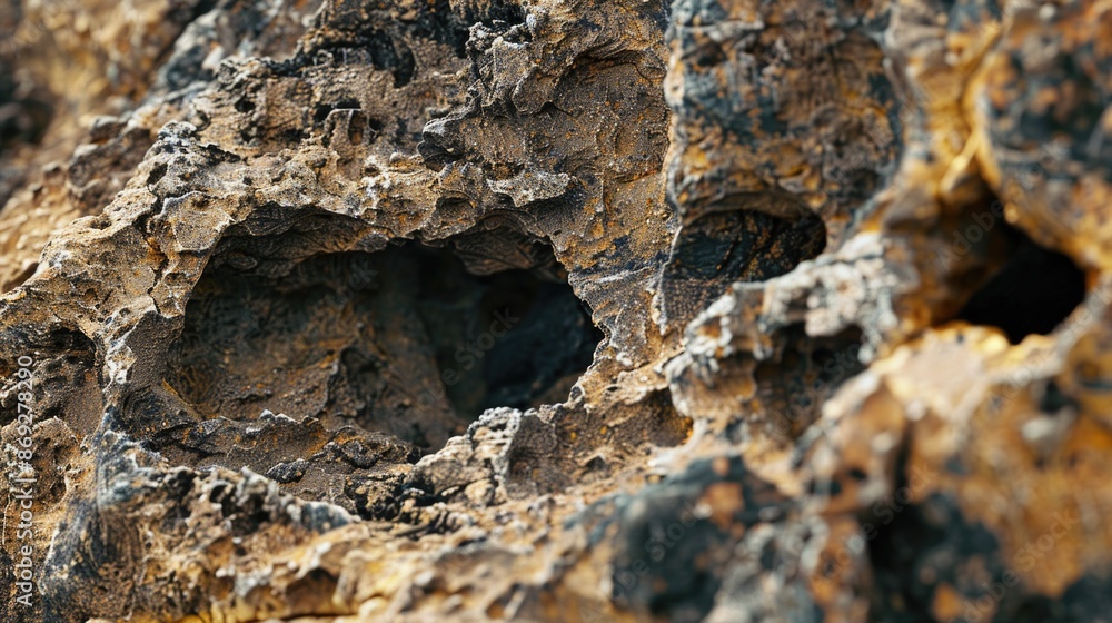 Poster close-up shot of a rock with holes, suitable for use in science or educational projects