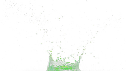 Vegetable green juice crown Water splash on object to create shape form fluttering in droplet and wave. Herb detox crown water to object make curve drop explosion. Black background isolated