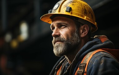 A construction worker wearing a hard hat and safety vest stands on a construction site, looking thoughtfully off-camera