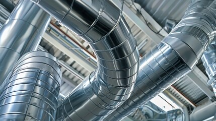 Industrial Ventilation System with Shiny Metal Ductwork in Modern Building
