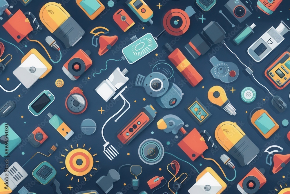 Fototapete A vibrant illustration depicting an array of smart home devices, showcasing the interconnectedness and convenience of a modern, technologically advanced home. Generative AI