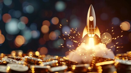 3D Render of a Rocket Taking Off from a Pile of Coins