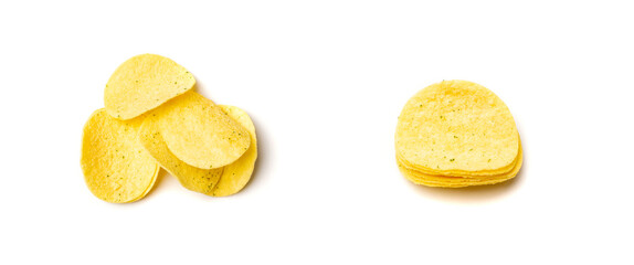 Potato dill chips pile isolated. Crispy thin potato snack heap set, fast food snacks with greens, spices