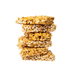 Puffed rice bar isolated, sweet wheat kozinaki, puff cereal block pieces, sugar crispy wheat bar, healthy popped dessert