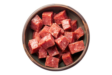 Boiled sausage cut into cubes isolated on transparent background