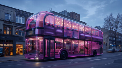 Fototapeta premium A purple bus with dreamy light is driving in the city