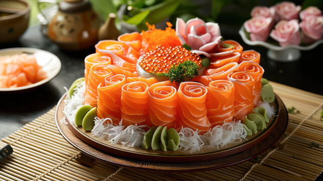 Happy birthday, Slice Salmon shasimi cake on plate.Generative AI