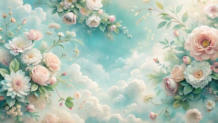 Soft, whimsical, and serene backdrop featuring delicate, pale-colored flowers, gentle clouds, and subtle textures, evoking a sense of calm innocence.