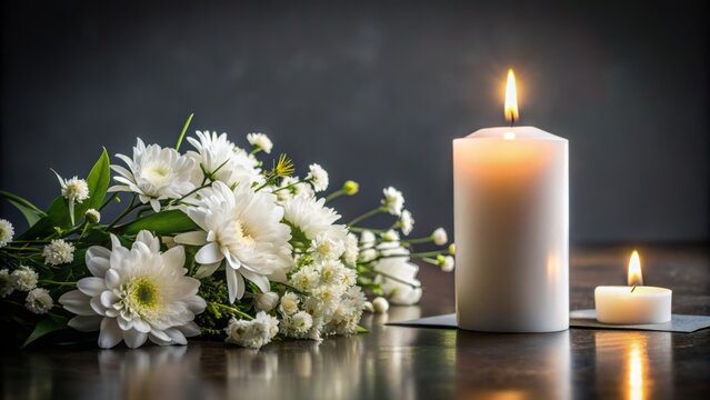 Simple yet elegant condolence card on a table with a lone white candle and a bouquet of white flowers nearby.