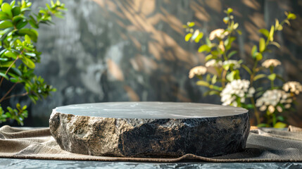 Luxurious empty product marble stone podium and forest green leaves on dark background.Generative AI