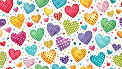 Whimsical illustration featuring brightly colored hearts, scattered polka dots, and elegant typography on a white background.