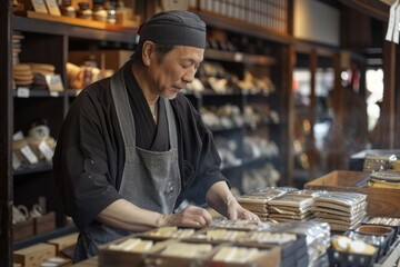 Portrait half-body of a Japanese small business owner arranging merchandise on display racks, hyper-realistic, high detail, photorealistic