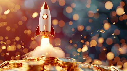 3D Render of a Rocket Taking Off from a Pile of Coins