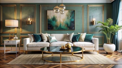 Luxurious modern living room features golden round coffee table near white sofa with teal pillows against stylish poster backdrop wall.