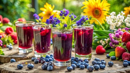 Freshly poured vibrant blueberry juice in delicate glasses nestled amidst lush green foliage and vibrant colorful blooming flowers arrangement.