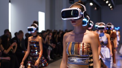 Fototapeta premium A VR fashion showcase captivates audiences with models on virtual runways, highlighting futuristic designs.