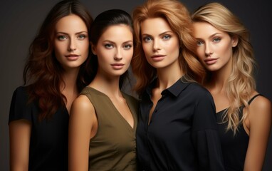 Obraz premium Four women of different ethnicities and hair colors stand close together in a studio setting
