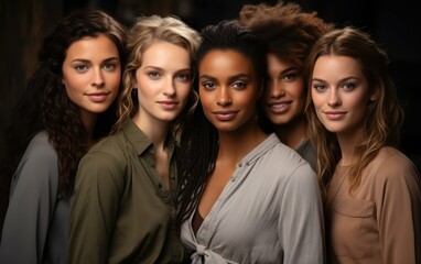 Obraz premium A close-up photo of five beautiful women of different ethnicities standing side-by-side. The women are smiling and looking at the camera