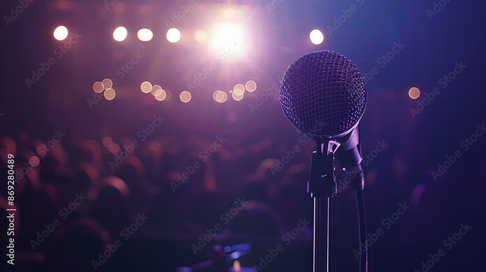 Wall mural close-up of a microphone on stage with a blurred audience and ambient lighting in the background, pe