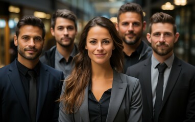 Fototapeta premium A group of diverse businesspeople, both men and women, stand together in a modern office setting, posing for a photo. They are all professionally dressed in suits and ties
