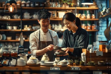 Portrait half-body of a Japanese couple arranging stock in a trendy shop, hyper-realistic, high detail, photorealistic